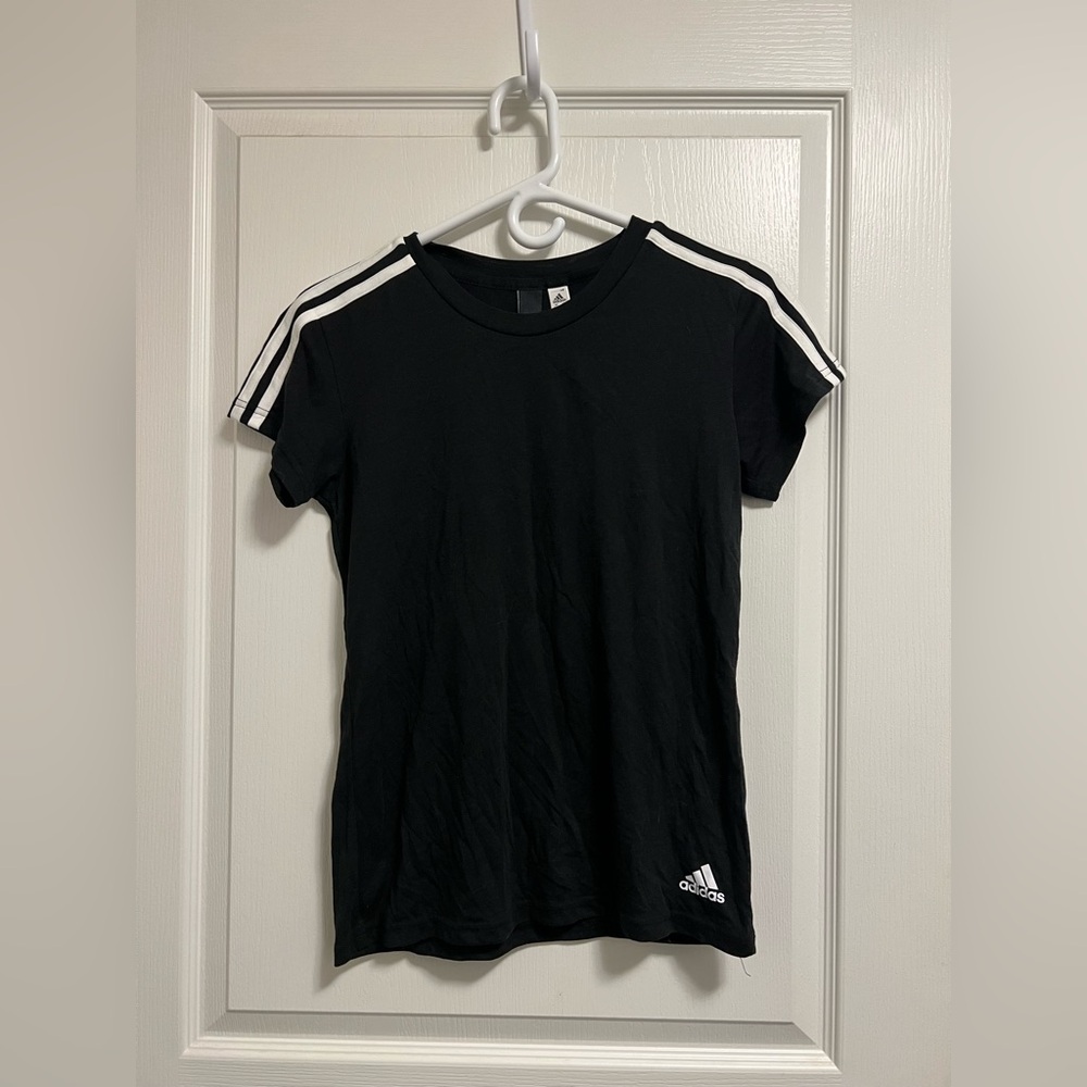 Adidas Black Tee with White Shoulder Stripes